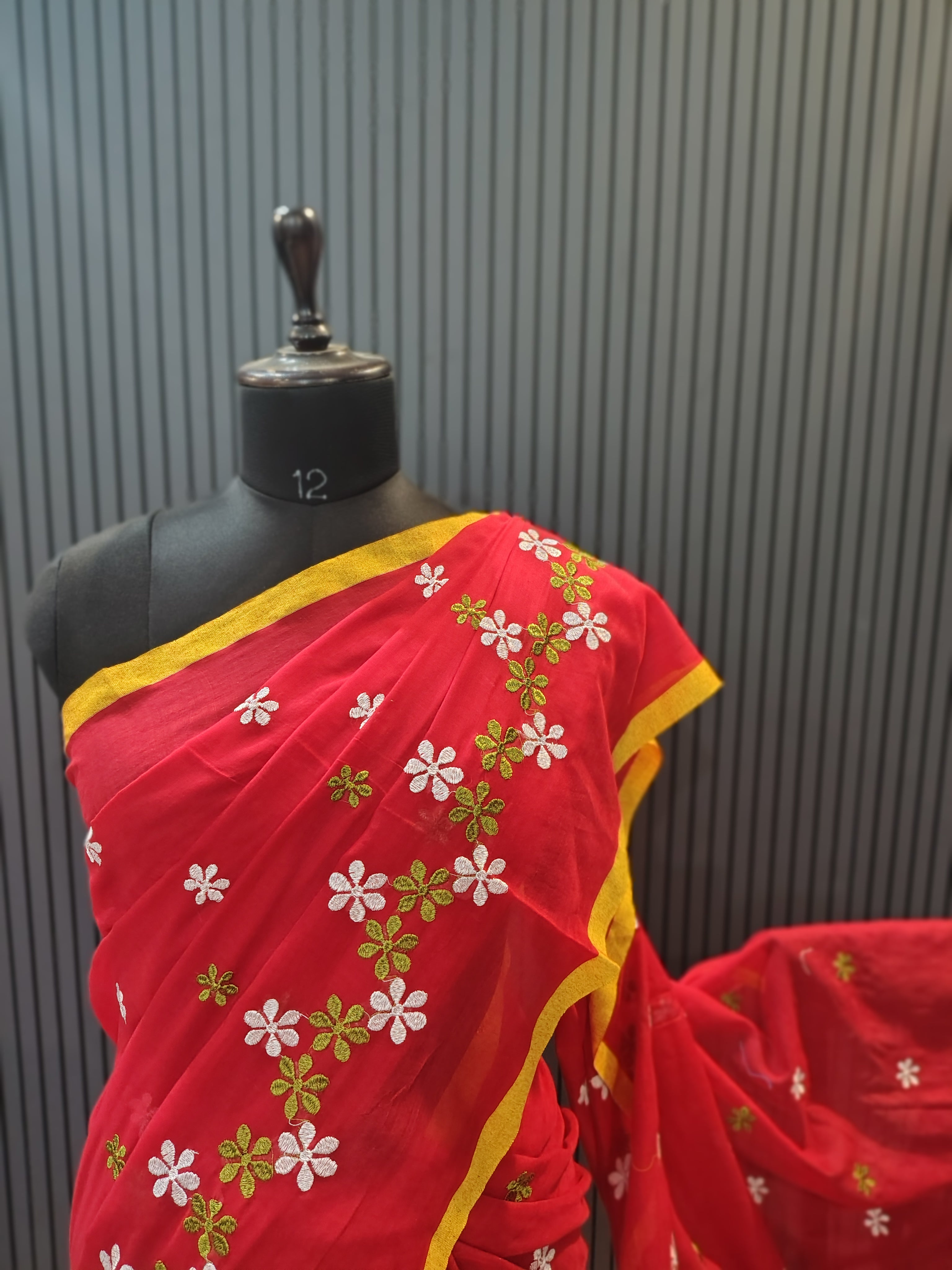 Red Soft Cotton Embroidery Saree