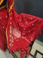 Red Soft Cotton Embroidery Saree