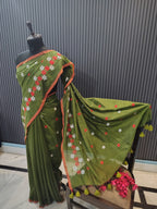 Olive Green Soft Cotton Embroidery Saree