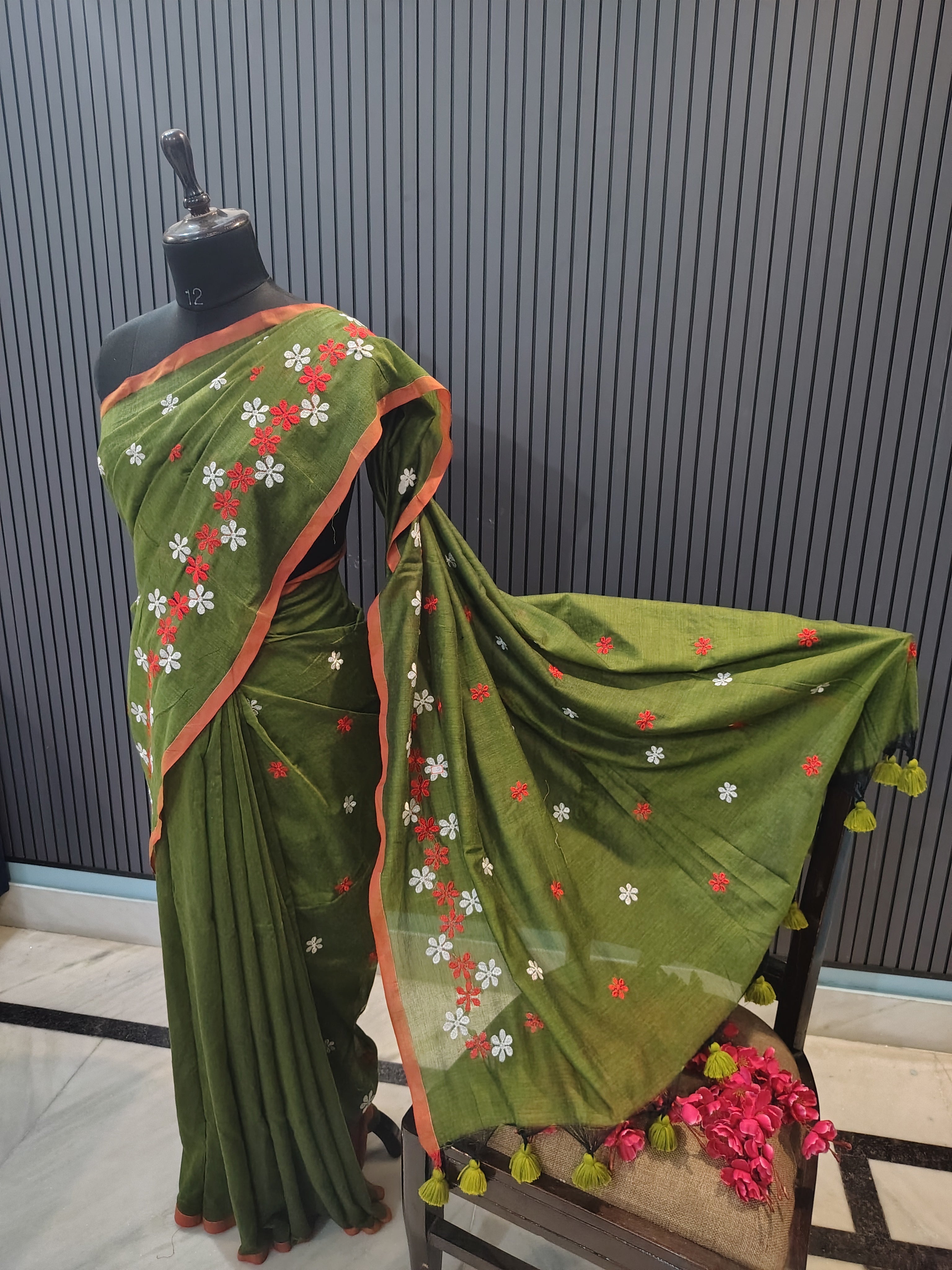 Olive Green Soft Cotton Embroidery Saree