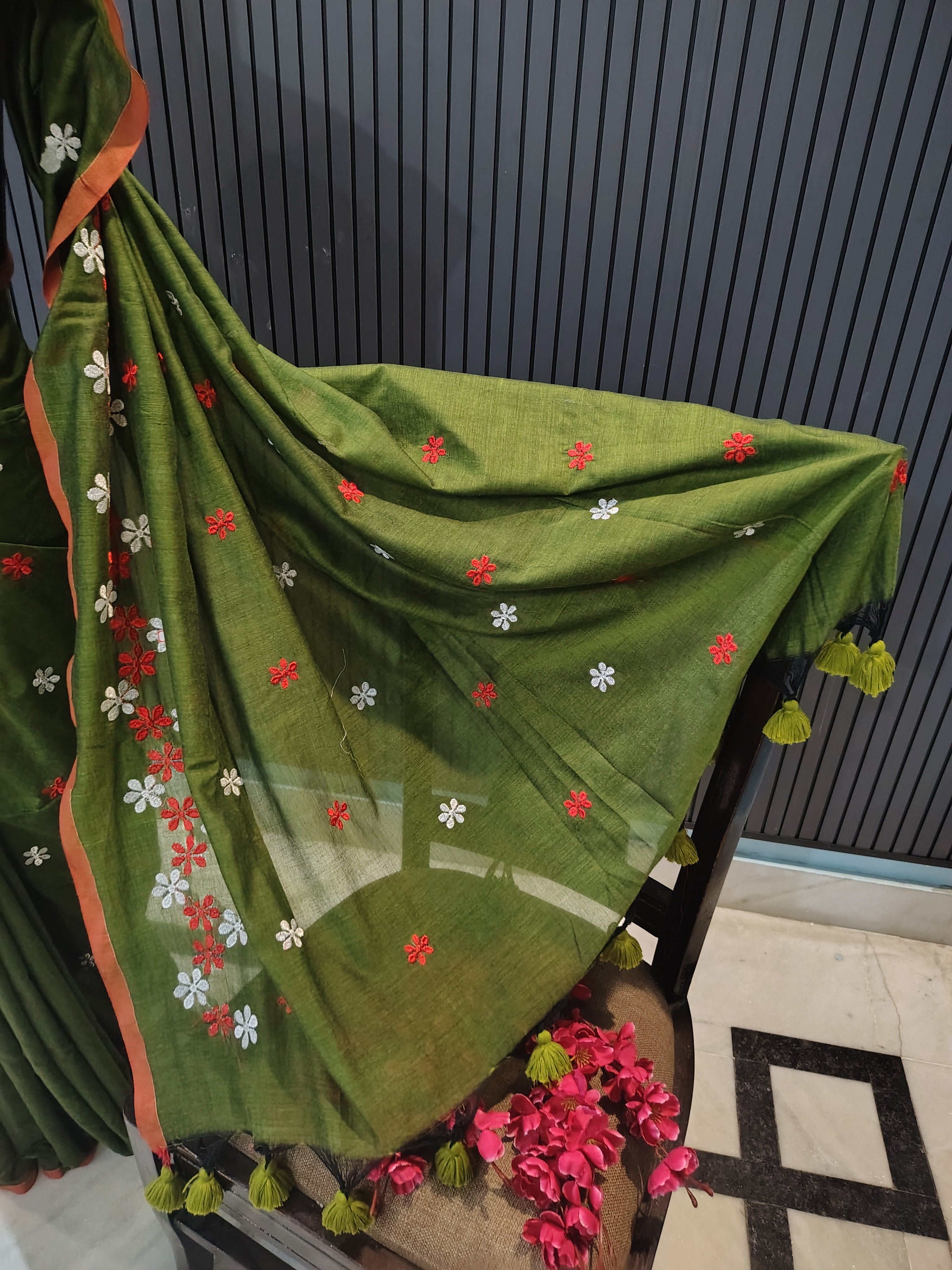 Olive Green Soft Cotton Embroidery Saree