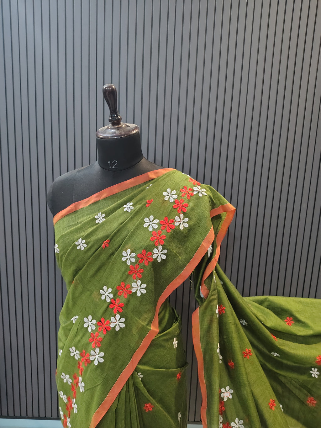 Olive Green Soft Cotton Embroidery Saree
