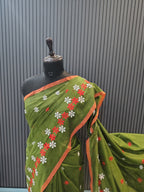 Olive Green Soft Cotton Embroidery Saree