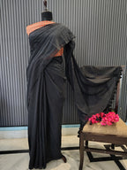 Black Plain Mulmul Saree