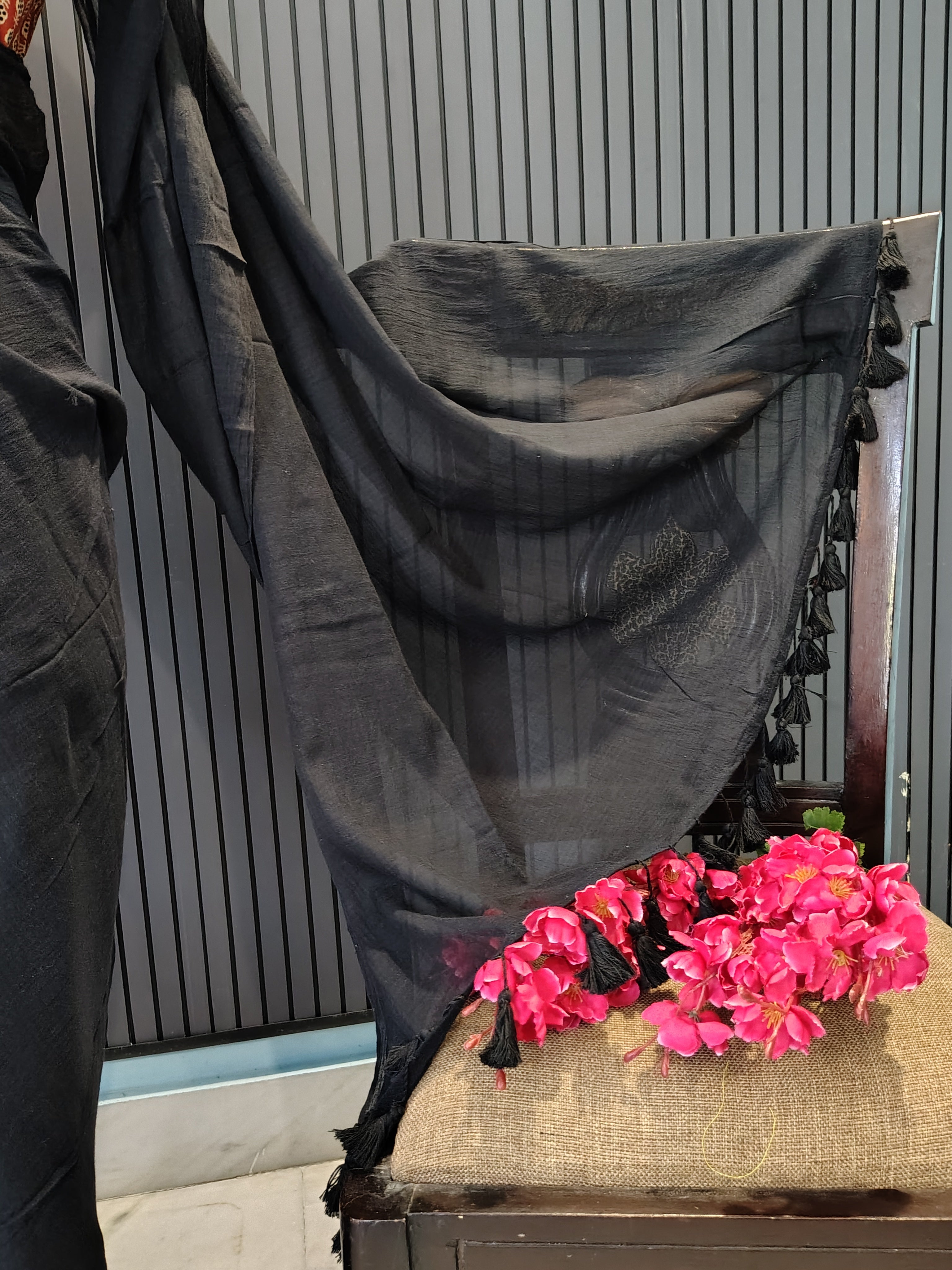 Black Plain Mulmul Saree