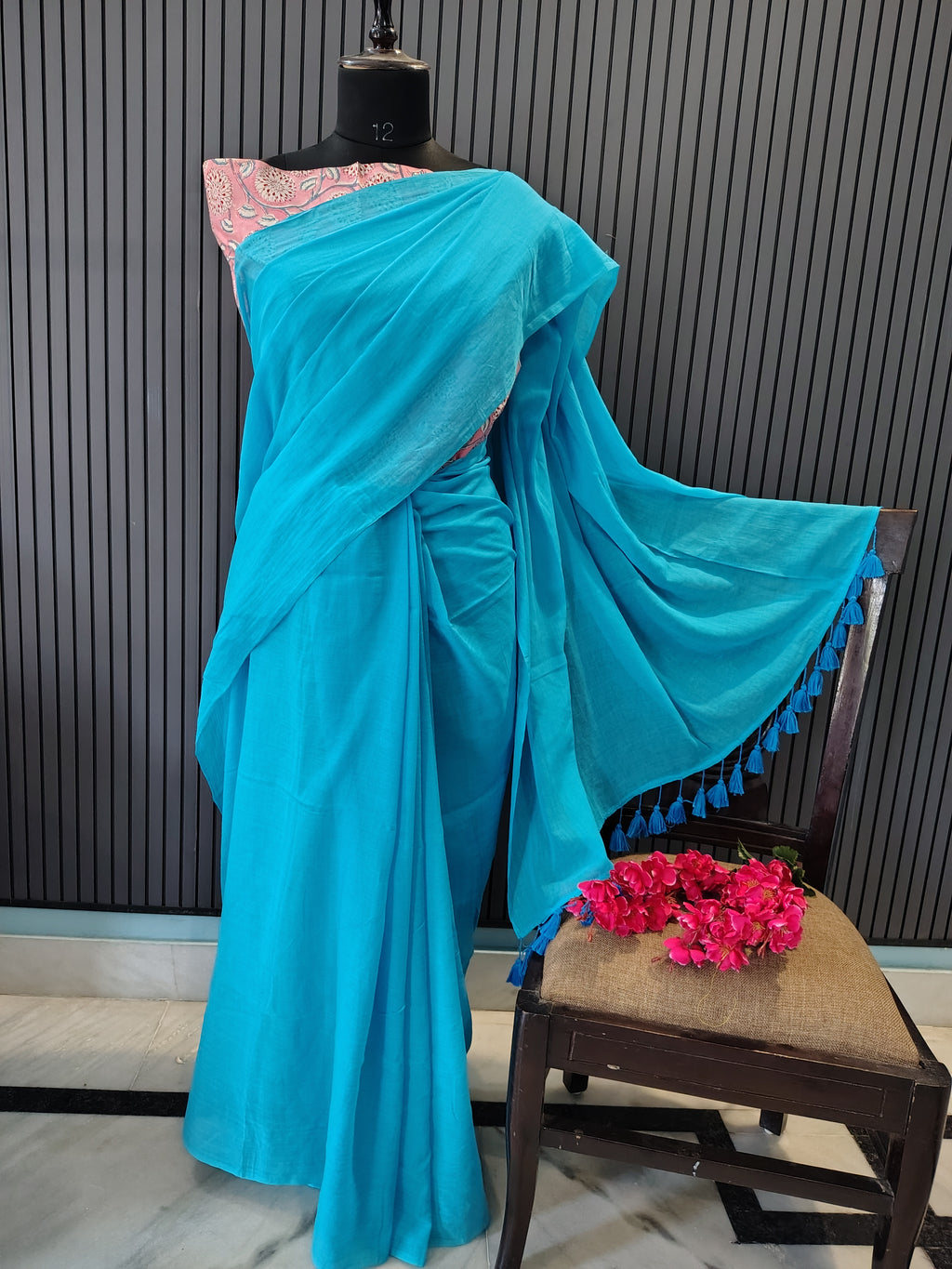 Sky Blue Plain Mulmul Saree
