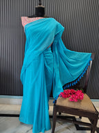 Sky Blue Plain Mulmul Saree