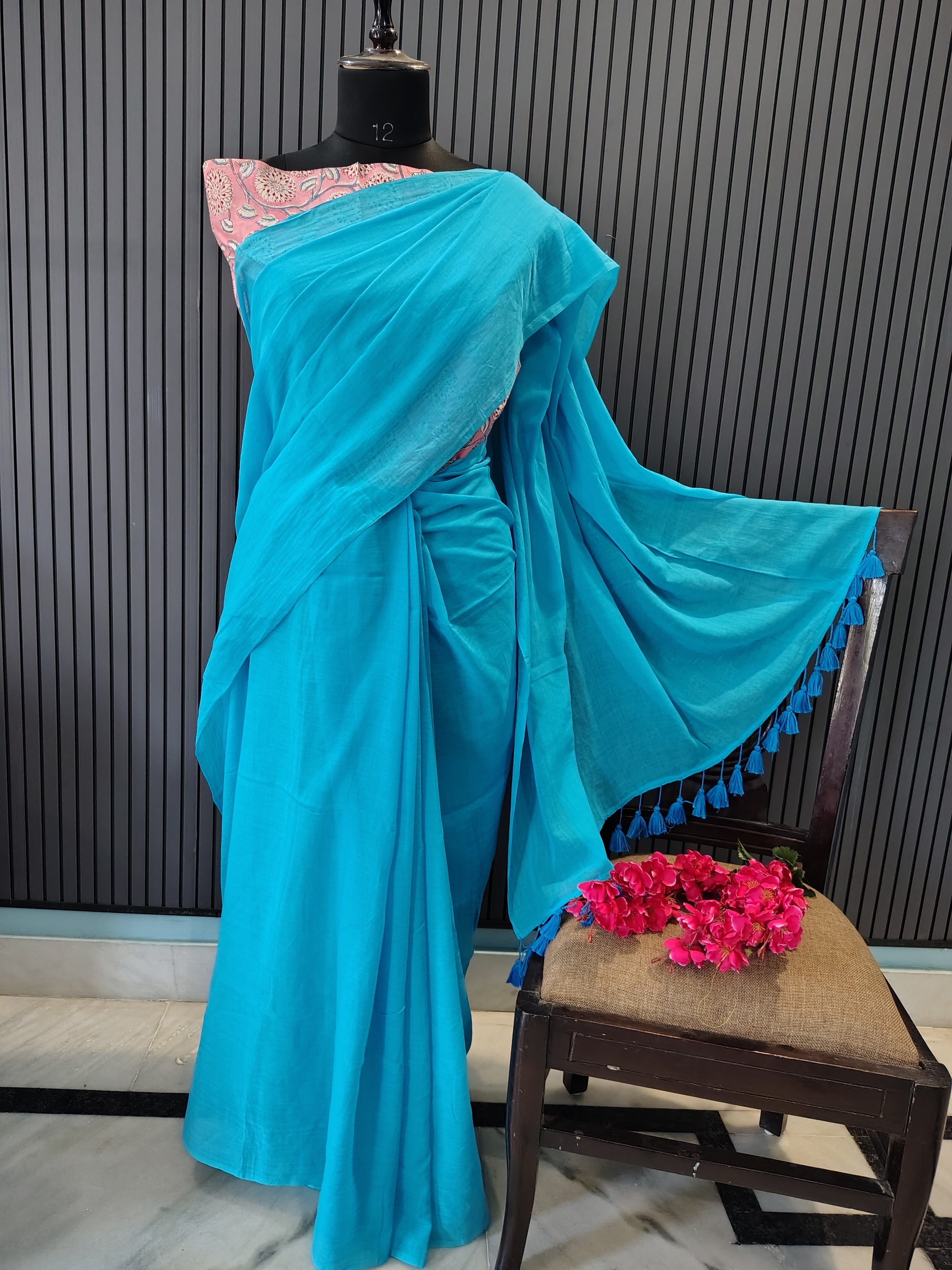 Sky Blue Plain Mulmul Saree