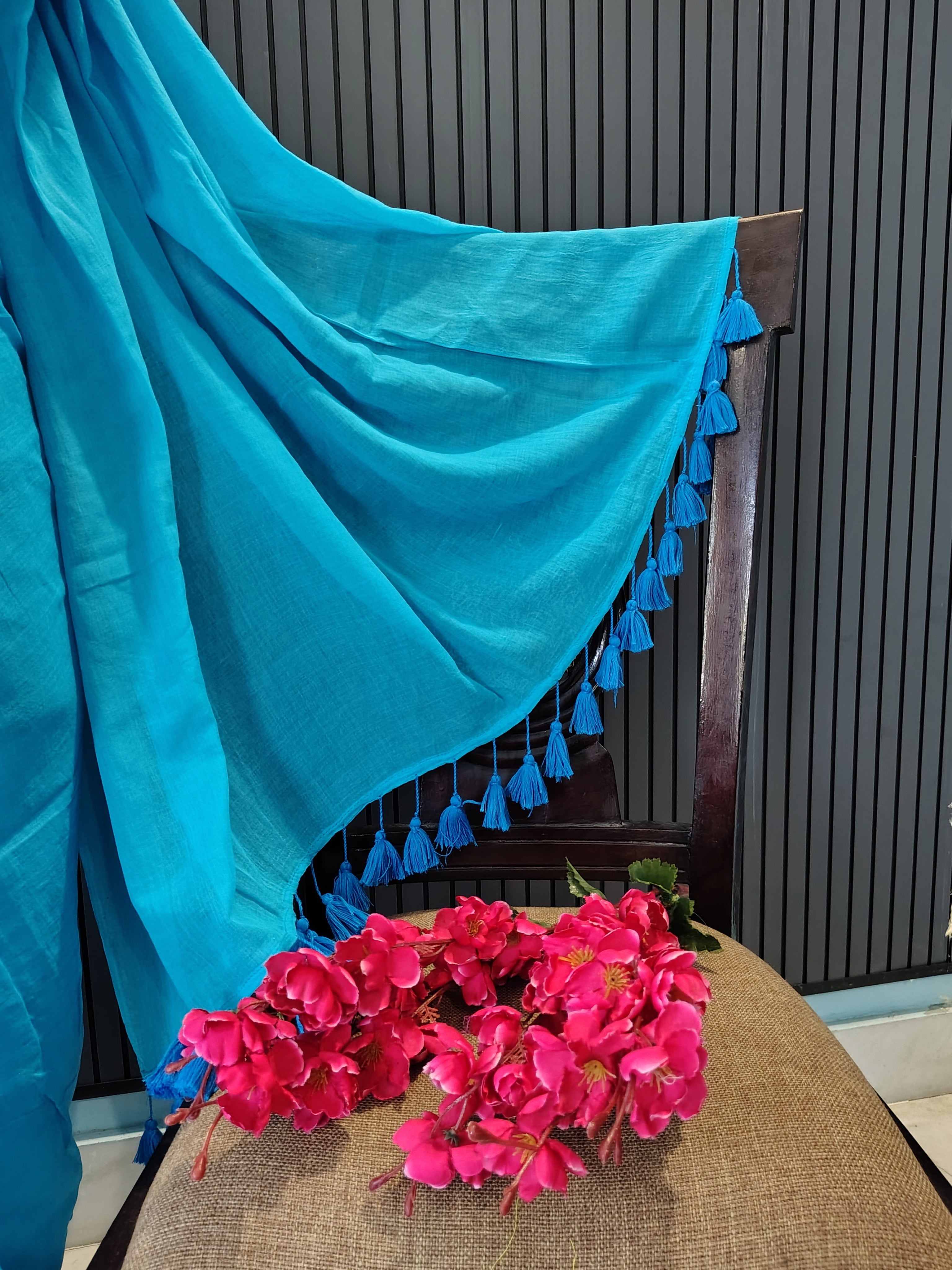 Sky Blue Plain Mulmul Saree