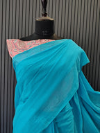 Sky Blue Plain Mulmul Saree