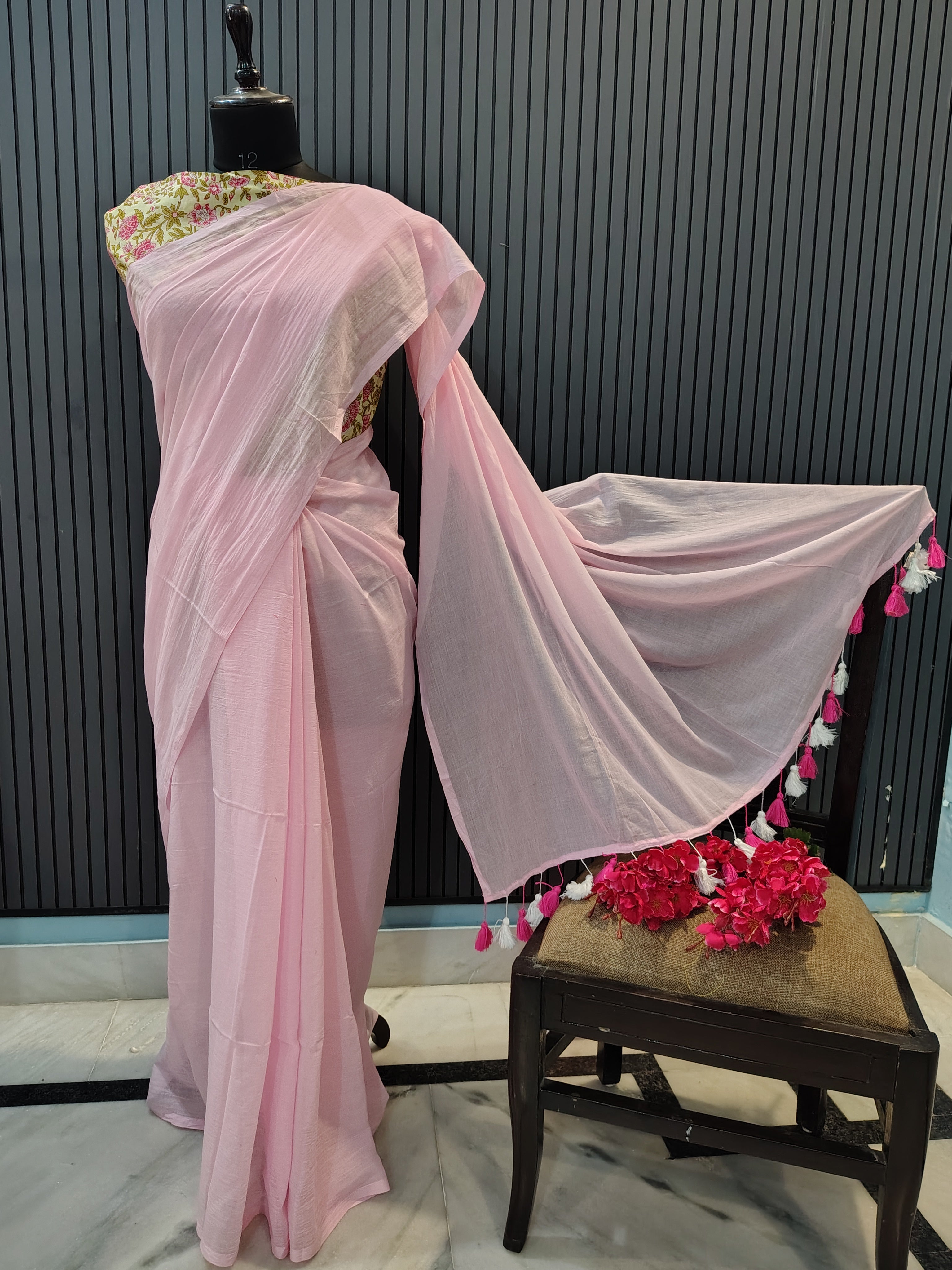 Baby Pink Plain Mulmul Saree