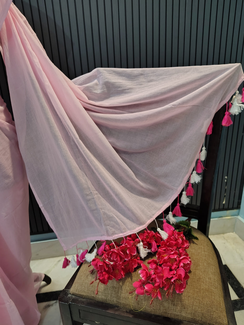 Baby Pink Plain Mulmul Saree