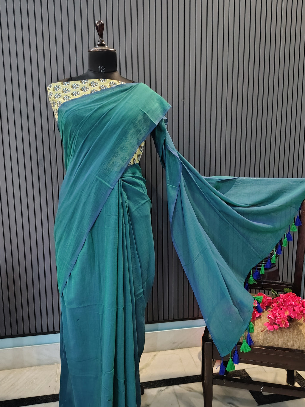 Emerald Green Plain Mulmul Saree