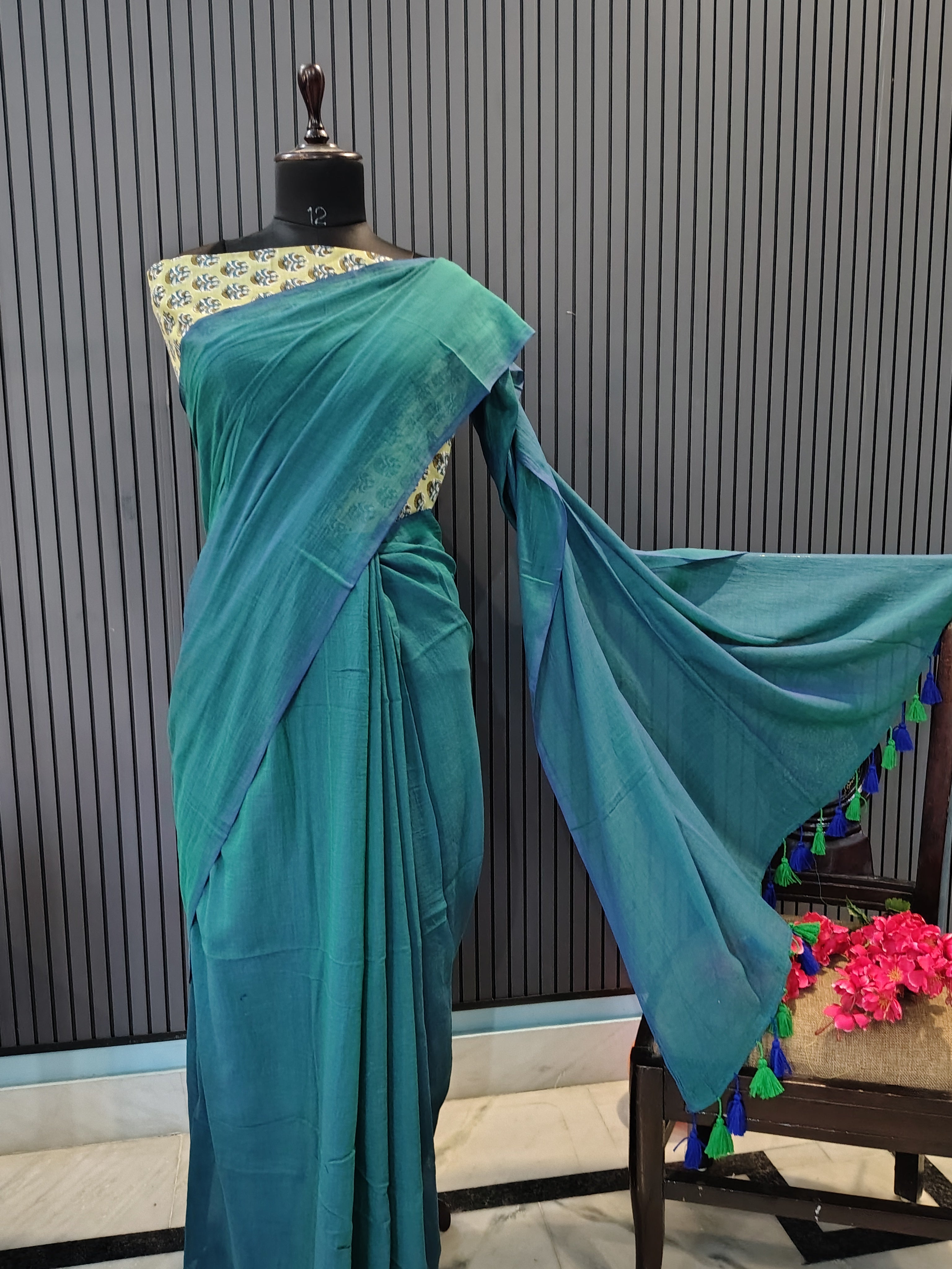 Emerald Green Plain Mulmul Saree