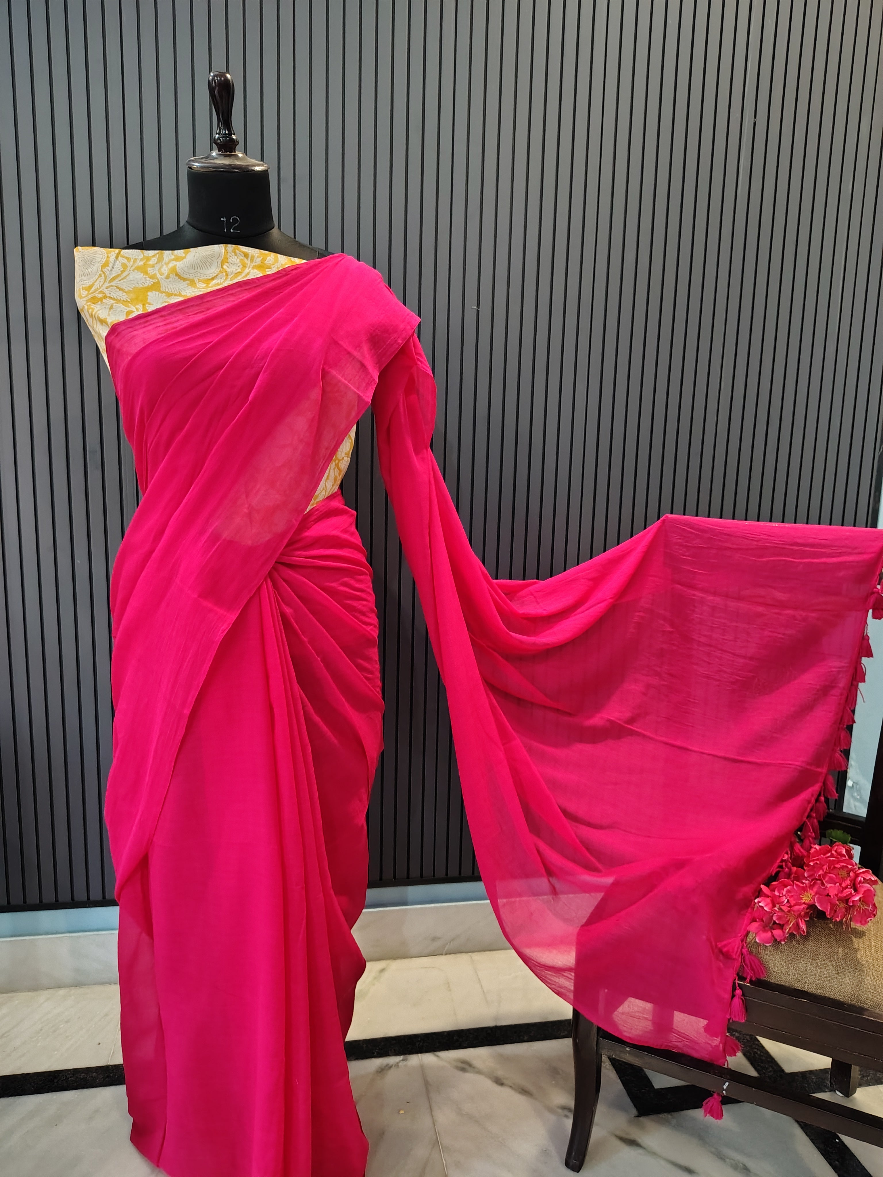 Magenta Plain Mulmul Saree