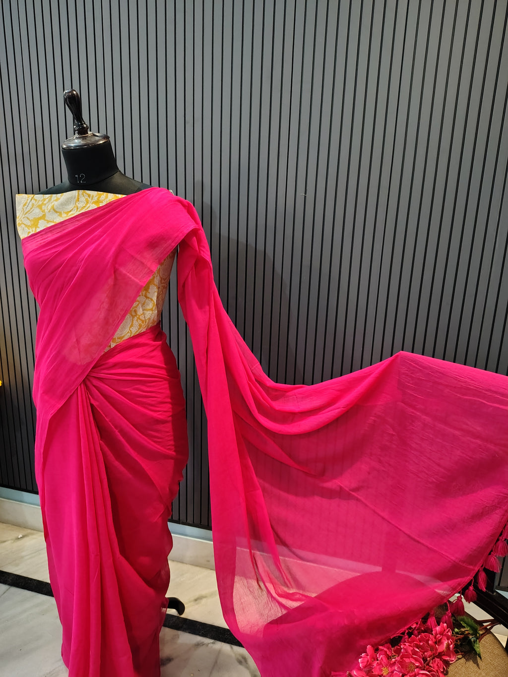 Magenta Plain Mulmul Saree
