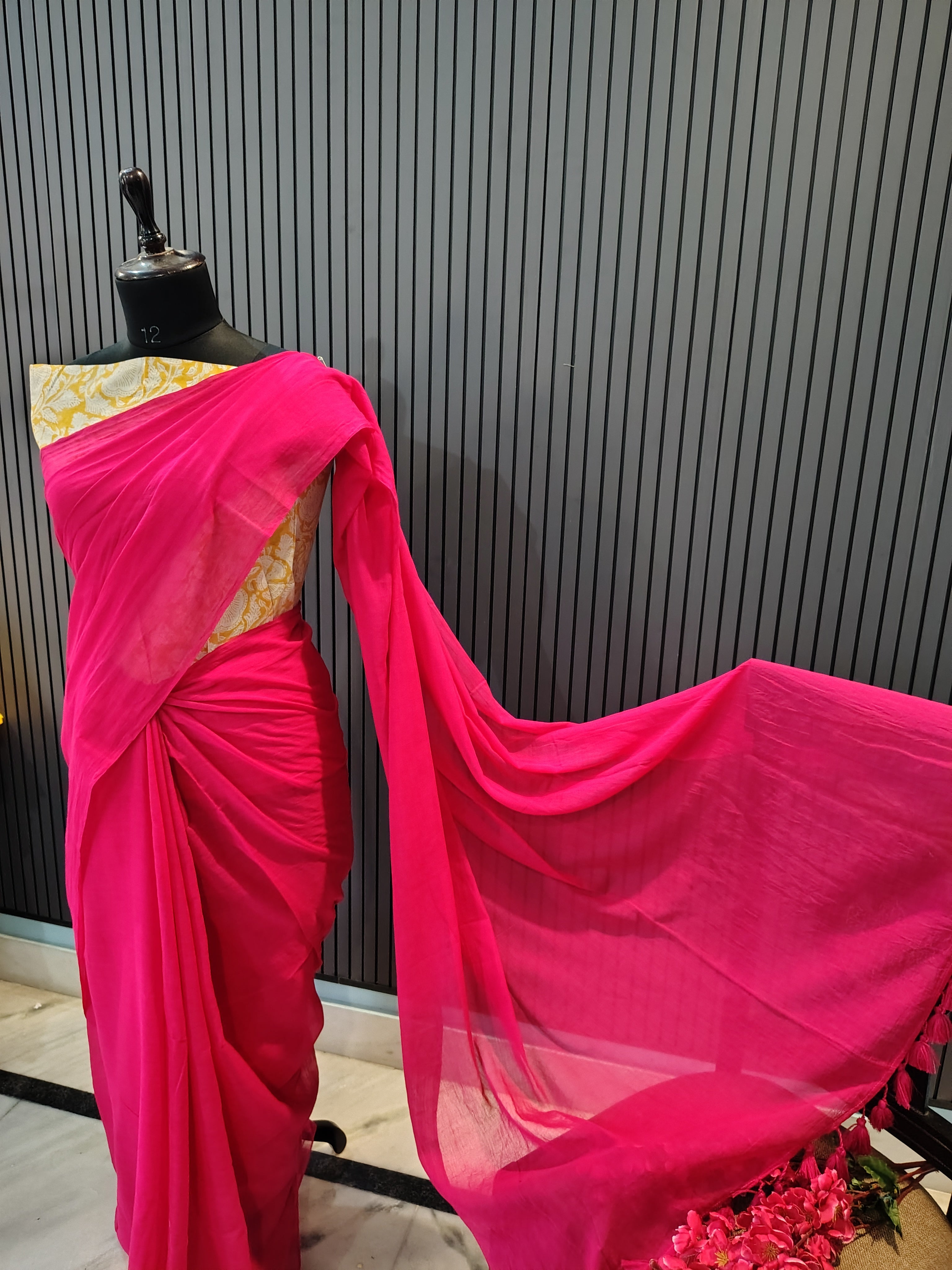 Magenta Plain Mulmul Saree
