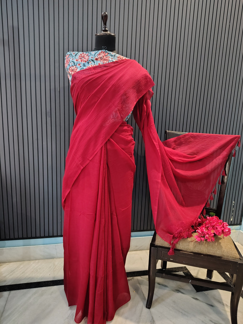 Maroon Plain Mulmul Saree