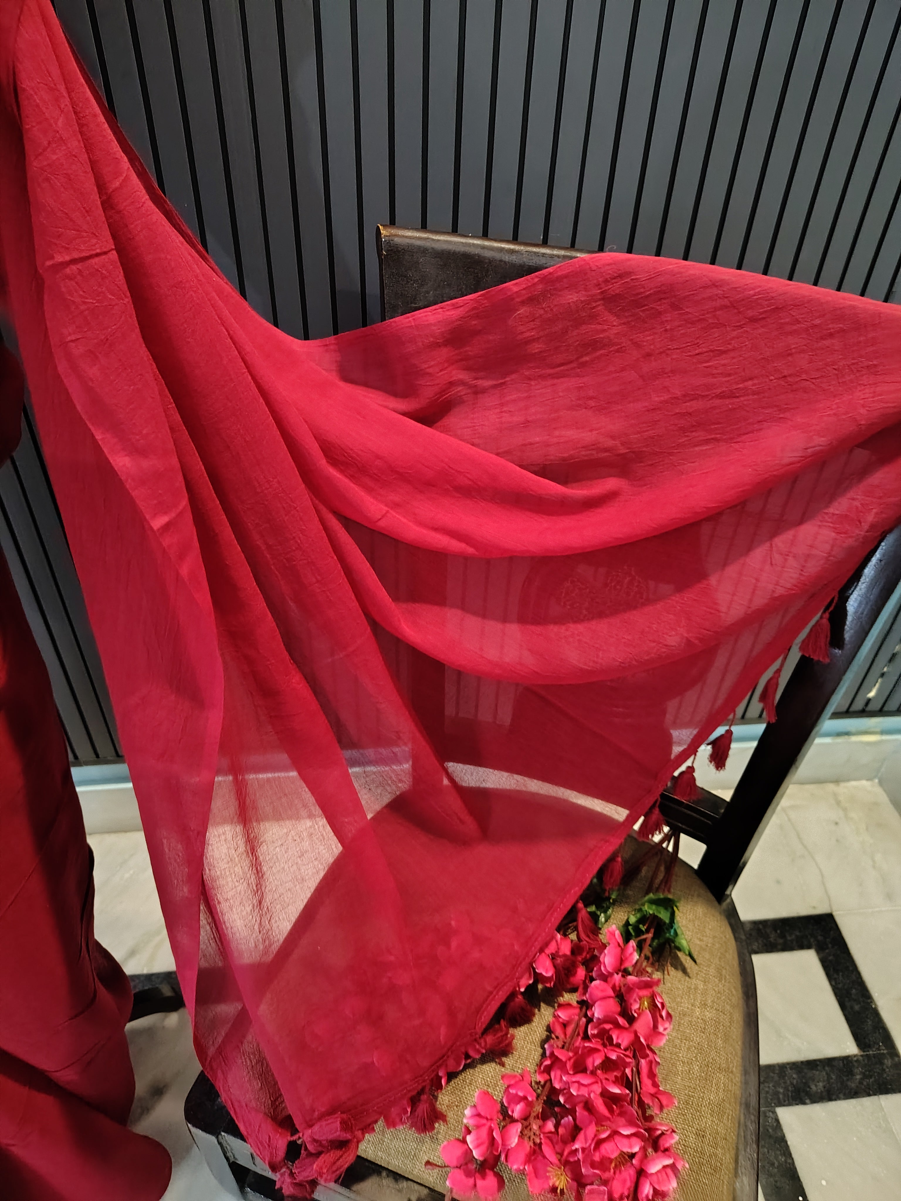 Maroon Plain Mulmul Saree