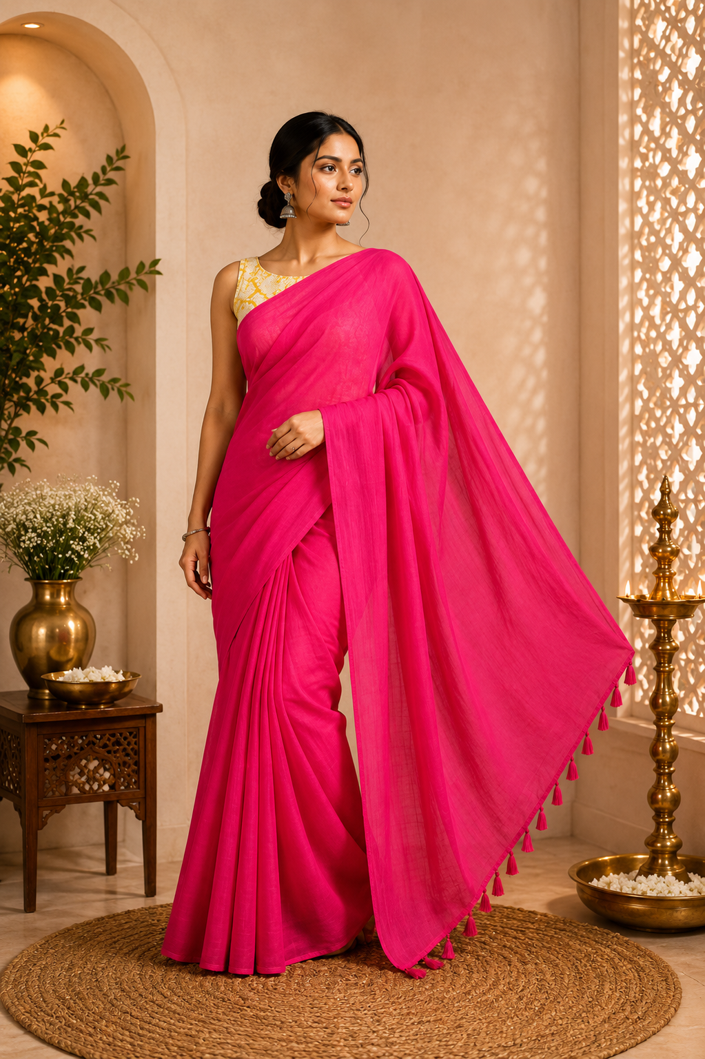 Magenta Plain Mulmul Saree
