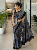 Midnight Blue Ajrakh Modal Silk Saree