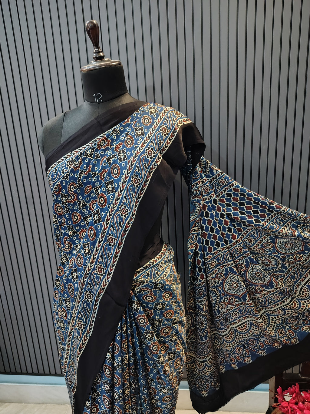 Midnight Blue Ajrakh Modal Silk Saree