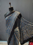 Midnight Blue Ajrakh Modal Silk Saree
