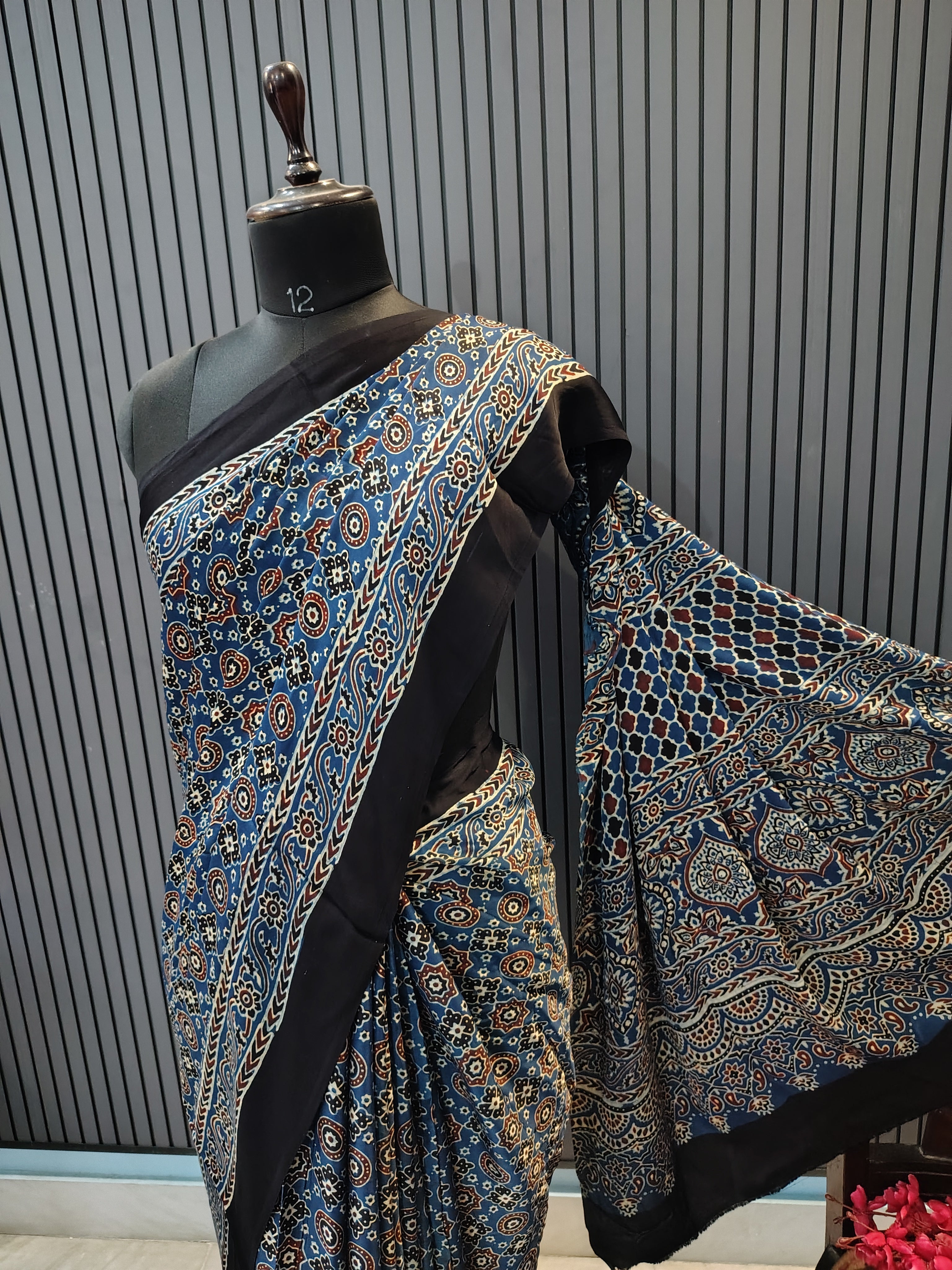 Midnight Blue Ajrakh Modal Silk Saree