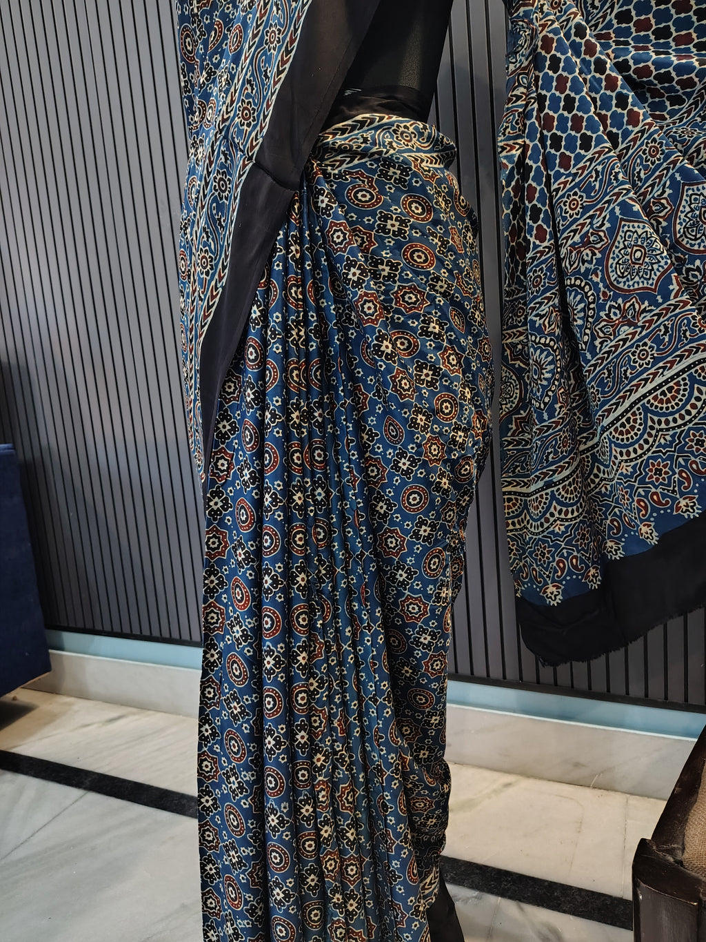 Midnight Blue Ajrakh Modal Silk Saree
