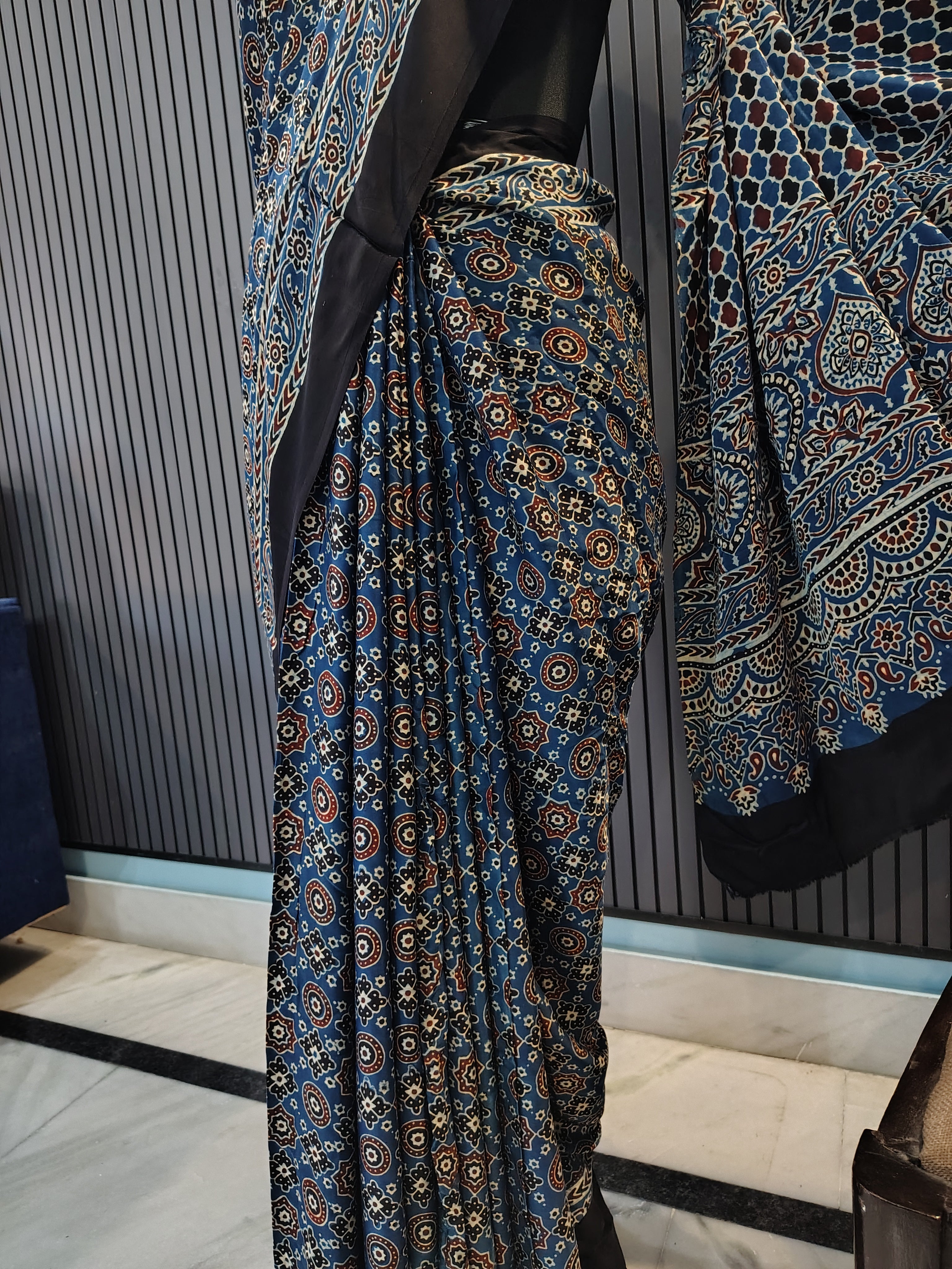 Midnight Blue Ajrakh Modal Silk Saree