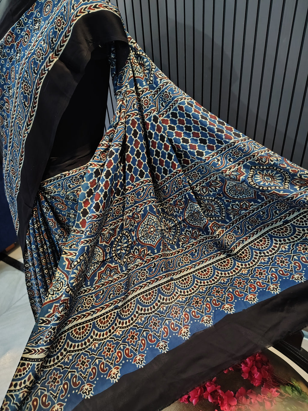 Midnight Blue Ajrakh Modal Silk Saree