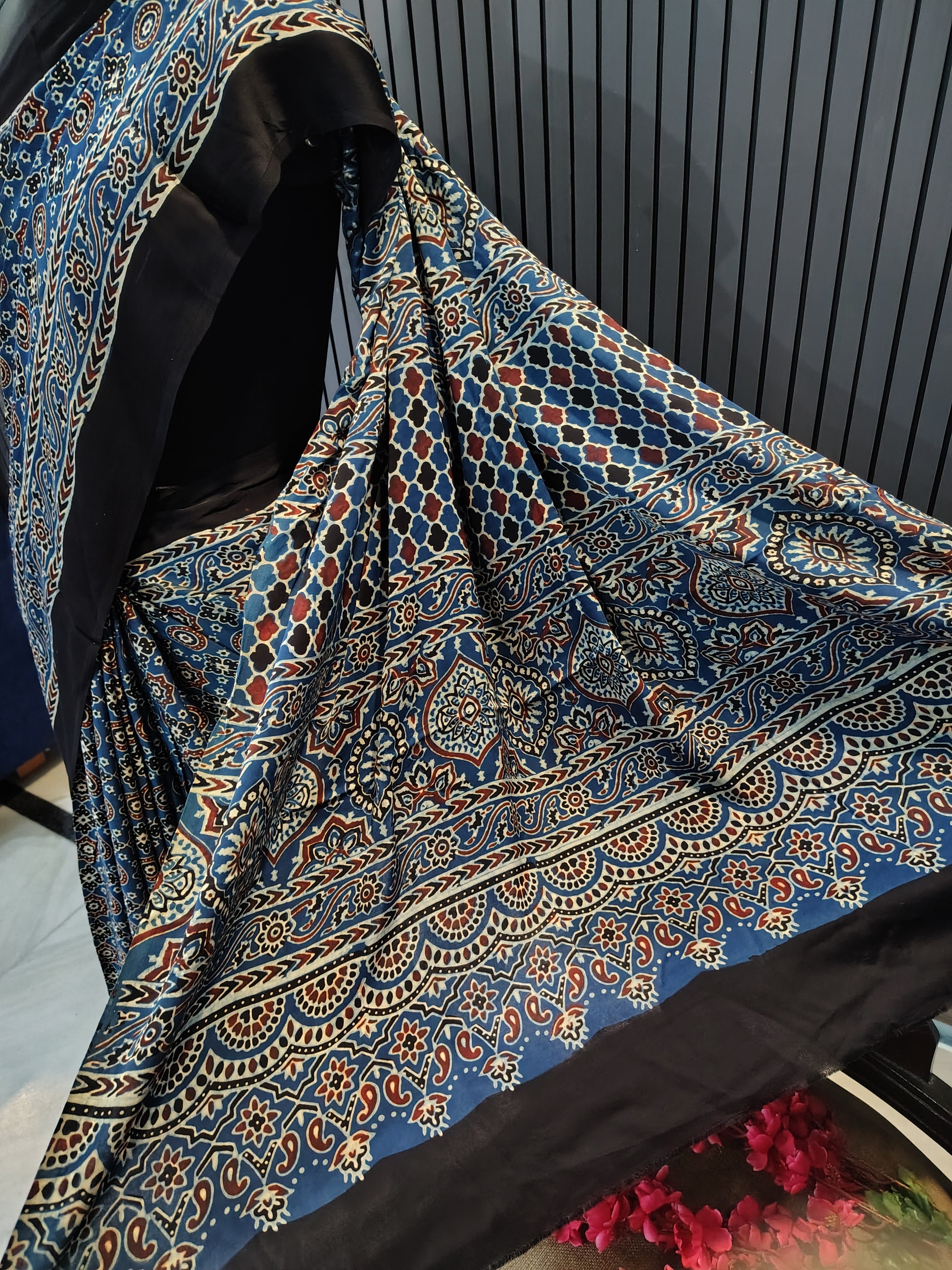 Midnight Blue Ajrakh Modal Silk Saree