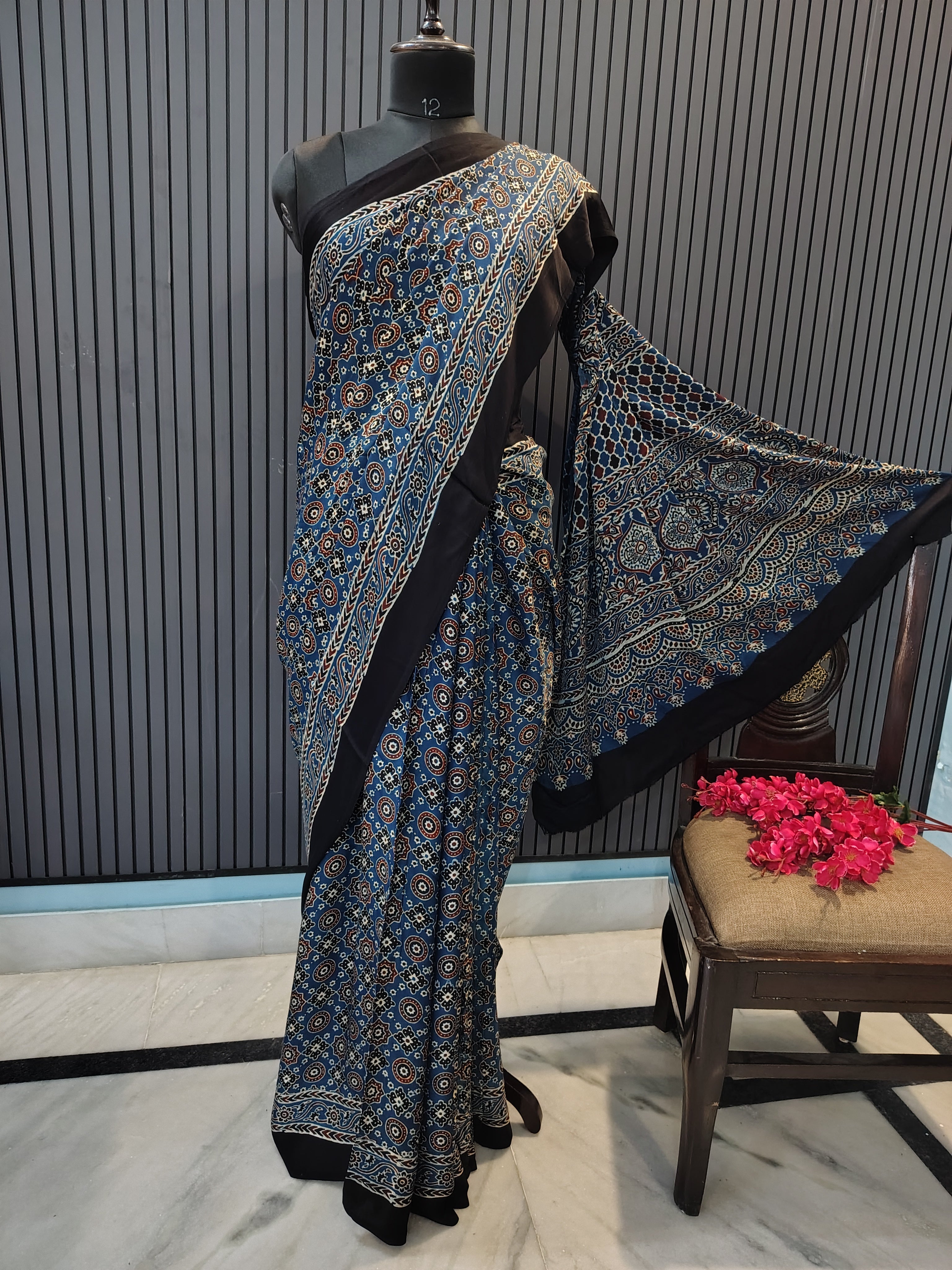 Midnight Blue Ajrakh Modal Silk Saree