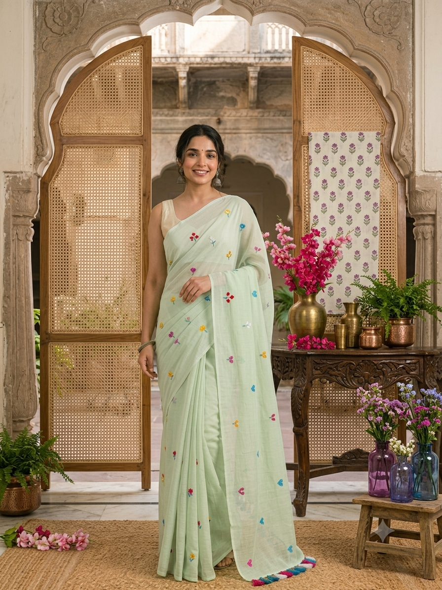 Mint Green Multiflower Embroidery Mulmul Saree
