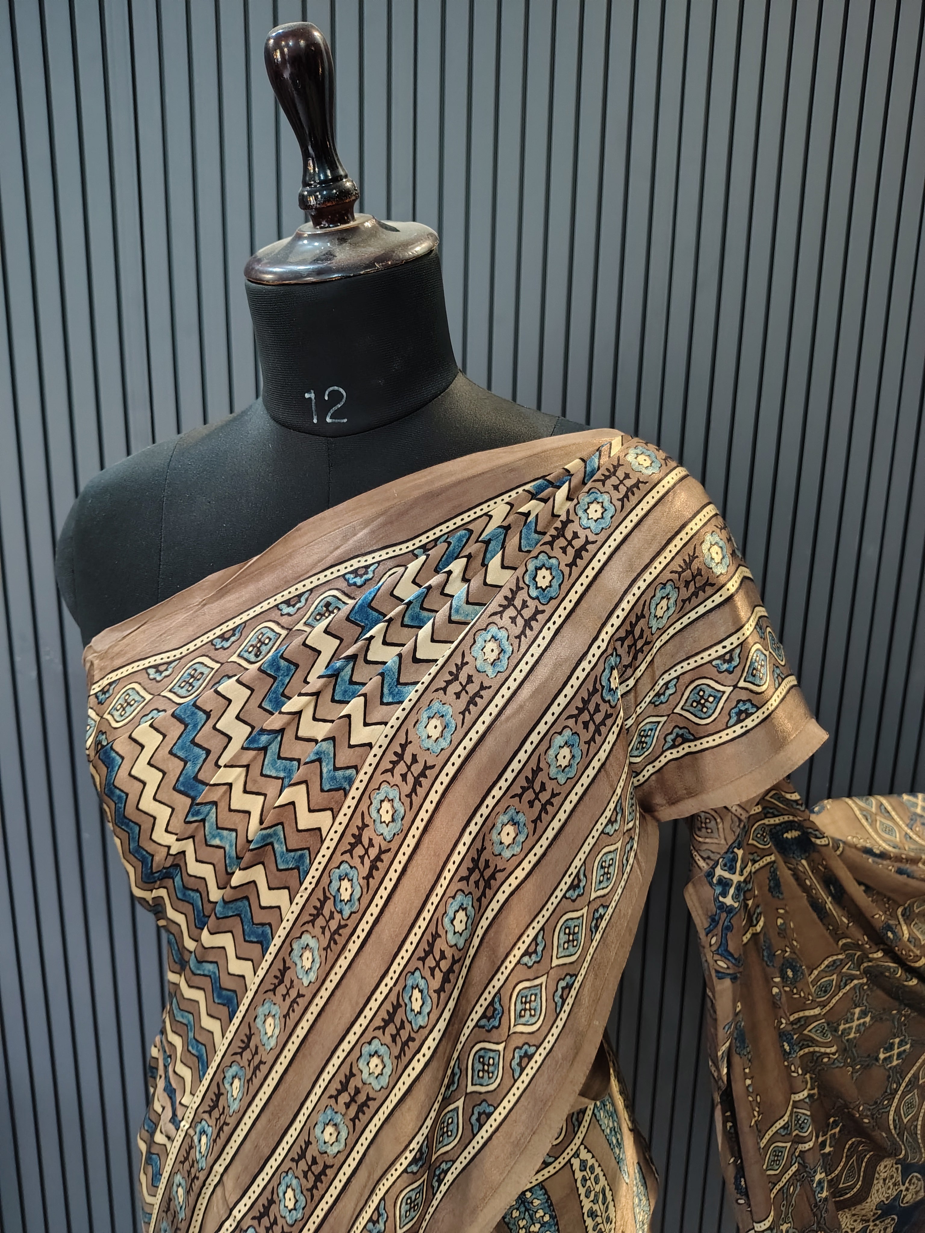 Taupe Ajrakh Modal Silk Saree