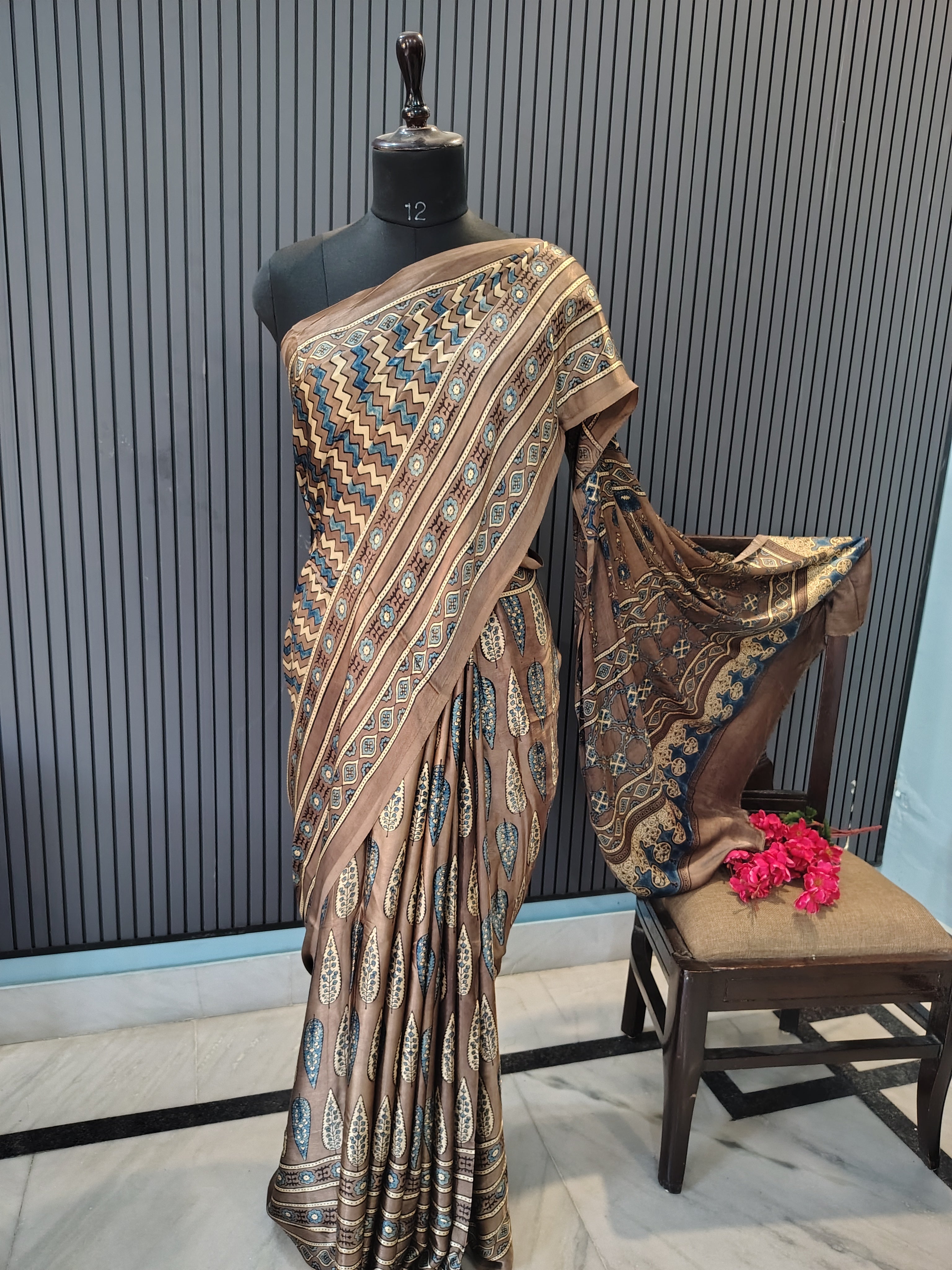 Taupe Ajrakh Modal Silk Saree