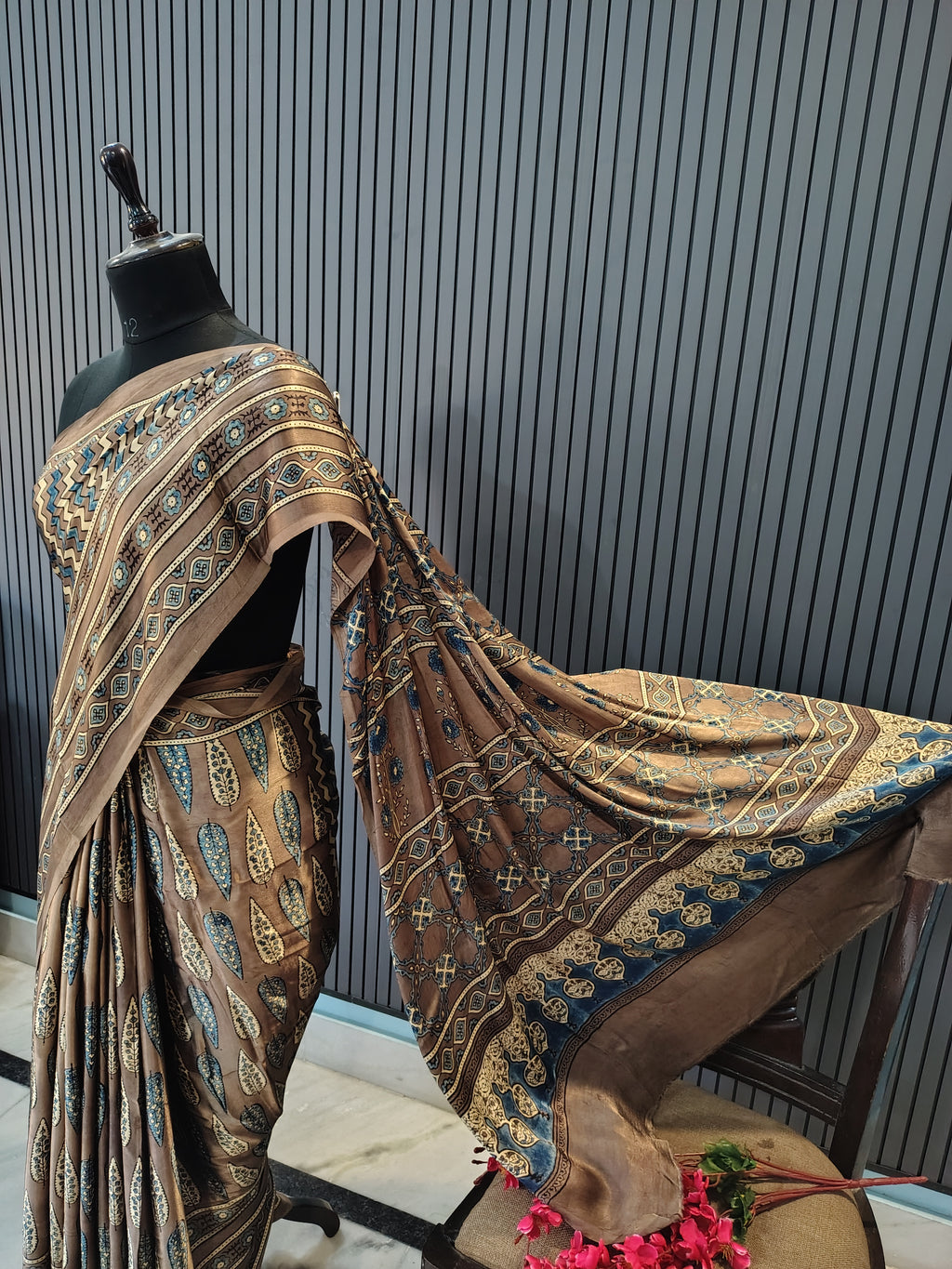Taupe Ajrakh Modal Silk Saree