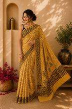 Mustard Block Print Cotton Saree