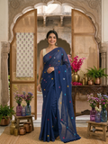 Navy Blue Multiflower Embroidery Mulmul Saree
