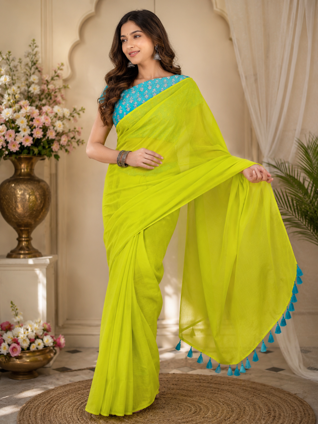 Neon Green Plain Mulmul Saree