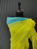 Yellow fabric with blue border on a black background