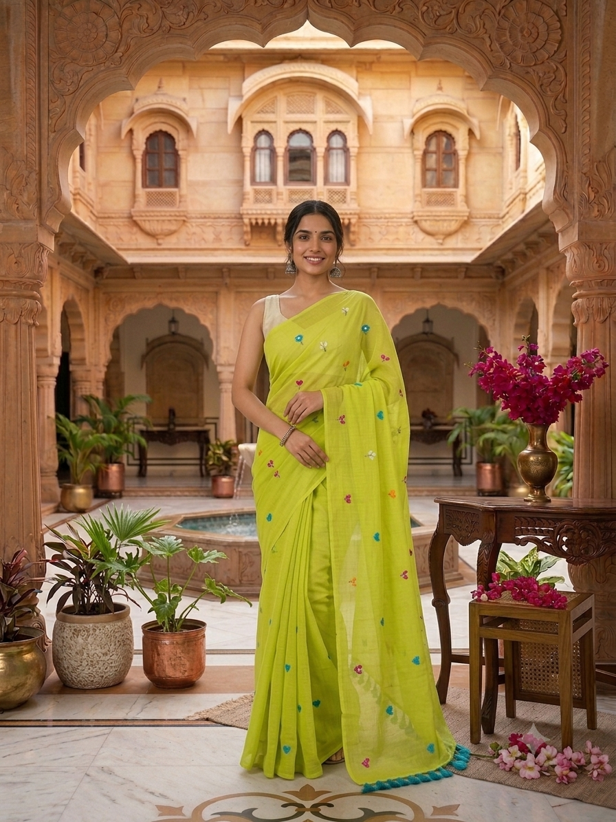 Neon Green Multiflower Embroidery Mulmul Saree