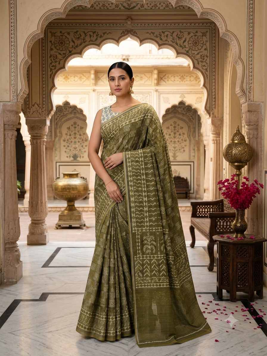Olive Green Kota Doriya Saree