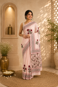 Peach Block Print Cotton Saree