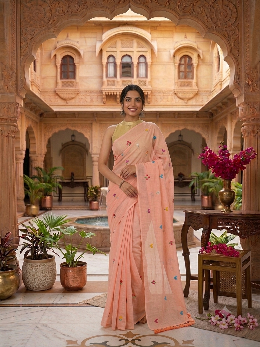 Peach Multiflower Embroidery Mulmul Saree