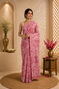 Rose Pink Block Print Cotton Saree