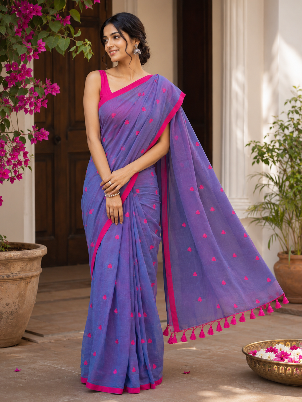 Violet Heart Embroidered Mulmul Saree