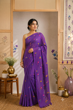 Purple Multiflower Embroidery Mulmul Saree