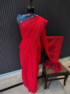 Red Plain Mulmul Saree