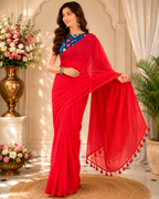 Red Plain Mulmul Saree